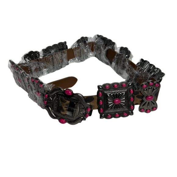 Lucky & Blessed Accessories - Lucky & Blessed Leopard Pink Turquoise Ribbon Tooled
Square Belt